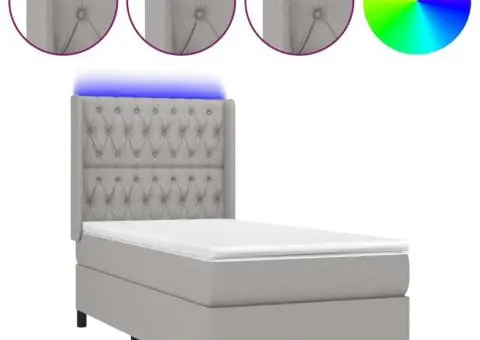 Pat cu arcuri, saltea și LED, gri deschis, 90x200 cm, textil - 2/5