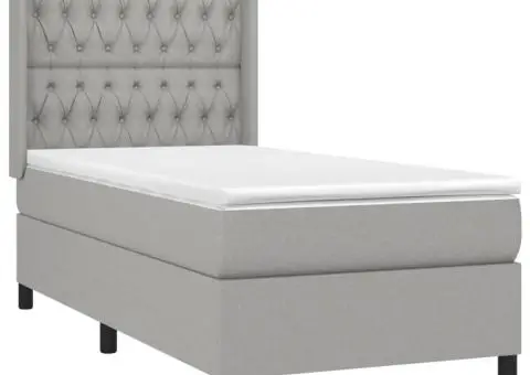 Pat cu arcuri, saltea și LED, gri deschis, 90x200 cm, textil - 4/5