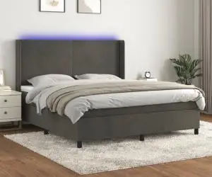 vidaXL Pat cu arcuri, saltea și LED, gri închis, 180x200 cm, catifea