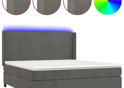 Pat cu arcuri, saltea și LED, gri închis, 180x200 cm, catifea - 2/5