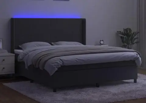 Pat cu arcuri, saltea și LED, gri închis, 180x200 cm, catifea - 3/5