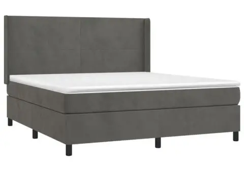 Pat cu arcuri, saltea și LED, gri închis, 180x200 cm, catifea - 4/5