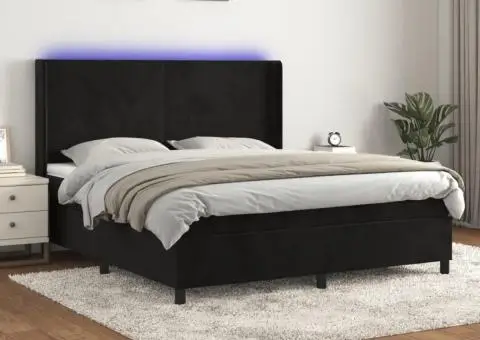 Pat cu arcuri, saltea și LED, negru, 160x200 cm, catifea - 1/5