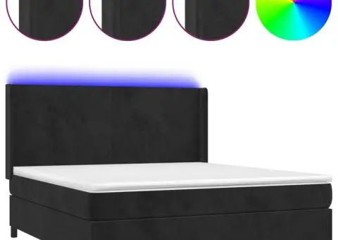 Pat cu arcuri, saltea și LED, negru, 160x200 cm, catifea - 2/5
