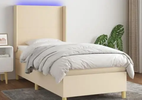 Pat cu arcuri, saltea și LED, crem, 90x190 cm, textil - 1/5