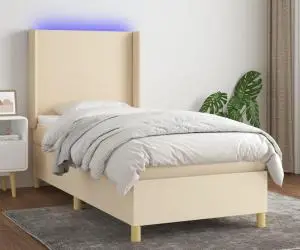 vidaXL Pat cu arcuri, saltea și LED, crem, 90x190 cm, textil