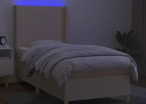 Pat cu arcuri, saltea și LED, crem, 90x190 cm, textil - 3/5