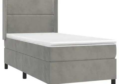 Pat cu arcuri, saltea și LED, gri deschis, 100x200 cm, catifea - 4/5