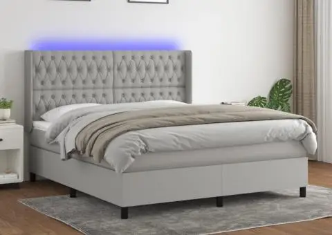 Pat cu arcuri, saltea și LED, gri deschis, 180x200 cm, textil - 1/5