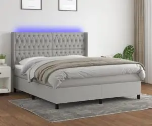 vidaXL Pat cu arcuri, saltea și LED, gri deschis, 180x200 cm, textil
