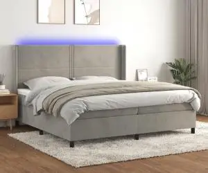 vidaXL Pat cu arcuri, saltea și LED, gri deschis, 200x200 cm, catifea