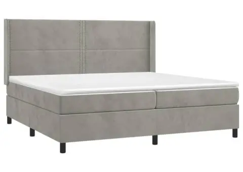 Pat cu arcuri, saltea și LED, gri deschis, 200x200 cm, catifea - 4/5