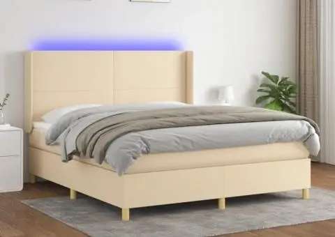 Pat cu arcuri, saltea și LED, crem, 160x200 cm, textil - 1/5