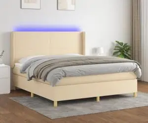 vidaXL Pat cu arcuri, saltea și LED, crem, 160x200 cm, textil