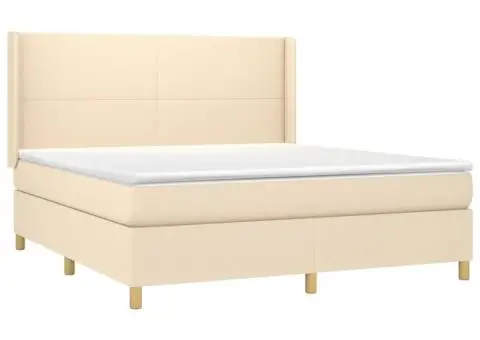 Pat cu arcuri, saltea și LED, crem, 160x200 cm, textil - 4/5