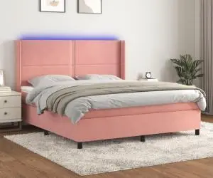 vidaXL Pat continental cu saltea & LED, roz, 120x200 cm, catifea