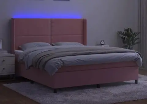 Pat continental cu saltea & LED, roz, 120x200 cm, catifea - 3/5