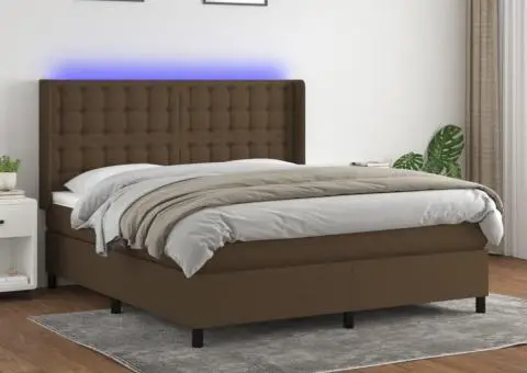 Pat cu arcuri, saltea și LED, maro închis, 180x200 cm, textil - 1/5