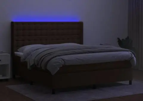 Pat cu arcuri, saltea și LED, maro închis, 180x200 cm, textil - 3/5