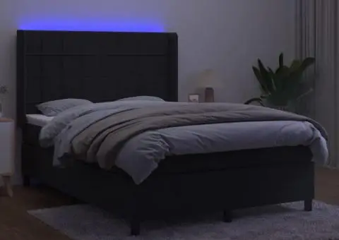 Pat cu arcuri, saltea și LED, negru, 140x190 cm, catifea - 3/5