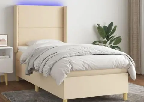 Pat cu arcuri, saltea și LED, crem, 90x200 cm, textil - 1/5