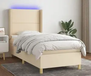 vidaXL Pat cu arcuri, saltea și LED, crem, 90x200 cm, textil