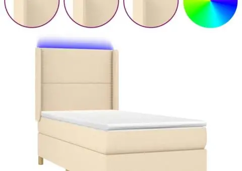 Pat cu arcuri, saltea și LED, crem, 90x200 cm, textil - 2/5