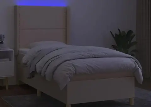 Pat cu arcuri, saltea și LED, crem, 90x200 cm, textil - 3/5