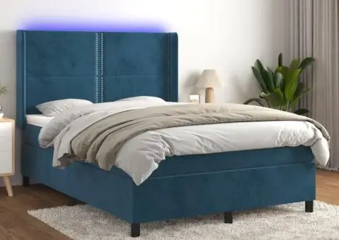 Pat cu arcuri, saltea și LED, gri închis, 140x200 cm, catifea - 1/5