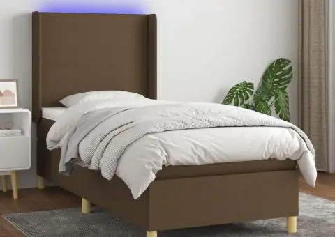 Pat cu arcuri, saltea și LED, maro închis, 100x200 cm, textil - 1/5