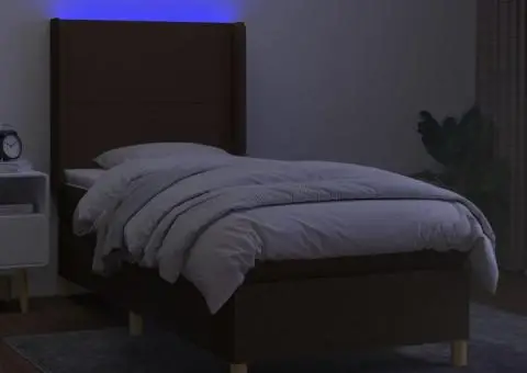 Pat cu arcuri, saltea și LED, maro închis, 100x200 cm, textil - 3/5