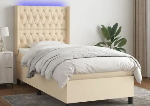 Pat cu arcuri, saltea și LED, crem, 100x200 cm, textil - 1/5