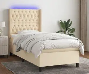 vidaXL Pat cu arcuri, saltea și LED, crem, 100x200 cm, textil