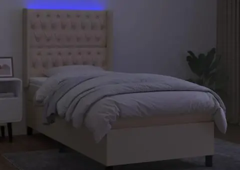 Pat cu arcuri, saltea și LED, crem, 100x200 cm, textil - 3/5