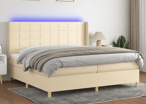 Pat cu arcuri, saltea și LED, crem, 200x200 cm, textil - 1/5