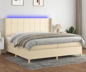 vidaXL Pat cu arcuri, saltea și LED, crem, 200x200 cm, textil