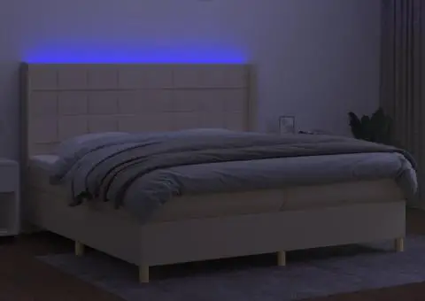 Pat cu arcuri, saltea și LED, crem, 200x200 cm, textil - 3/5