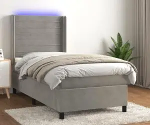 vidaXL Pat cu arcuri, cu saltea & LED, gri deschis, 80x200 cm, catifea