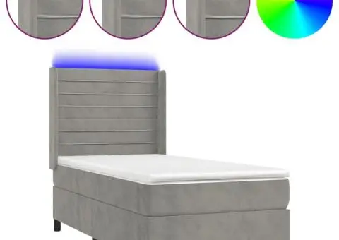 Pat cu arcuri, cu saltea & LED, gri deschis, 80x200 cm, catifea - 2/5