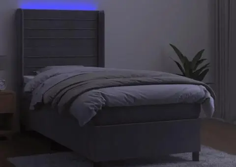 Pat cu arcuri, cu saltea & LED, gri deschis, 80x200 cm, catifea - 3/5