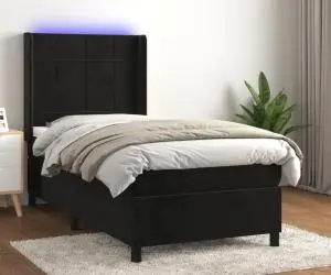 vidaXL Pat cu arcuri, saltea și LED, negru, 100x200 cm, catifea