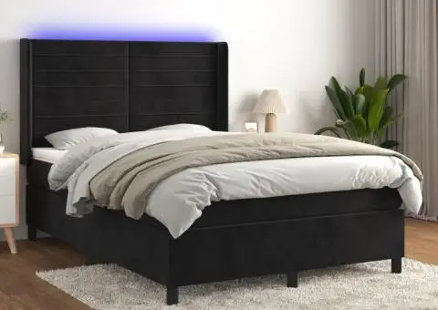 Pat cu arcuri, saltea și LED, negru, 140x200 cm, catifea - 1/5