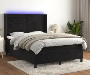 vidaXL Pat cu arcuri, saltea și LED, negru, 140x200 cm, catifea