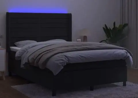 Pat cu arcuri, saltea și LED, negru, 140x200 cm, catifea - 3/5