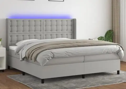 Pat cu arcuri, saltea și LED, gri deschis, 200x200 cm, textil - 1/5