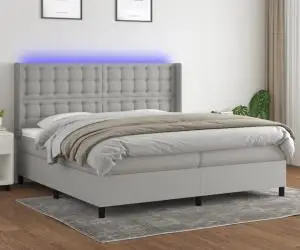 vidaXL Pat cu arcuri, saltea și LED, gri deschis, 200x200 cm, textil