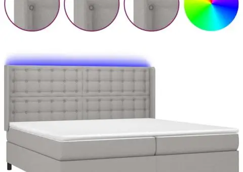 Pat cu arcuri, saltea și LED, gri deschis, 200x200 cm, textil - 2/5