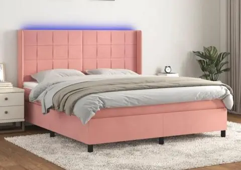 Pat cu arcuri, saltea & LED, roz, 180x200 cm, catifea - 1/5