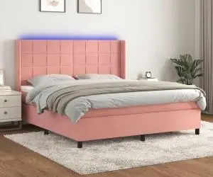 vidaXL Pat cu arcuri, saltea & LED, roz, 180x200 cm, catifea