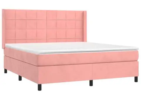 Pat cu arcuri, saltea & LED, roz, 180x200 cm, catifea - 4/5